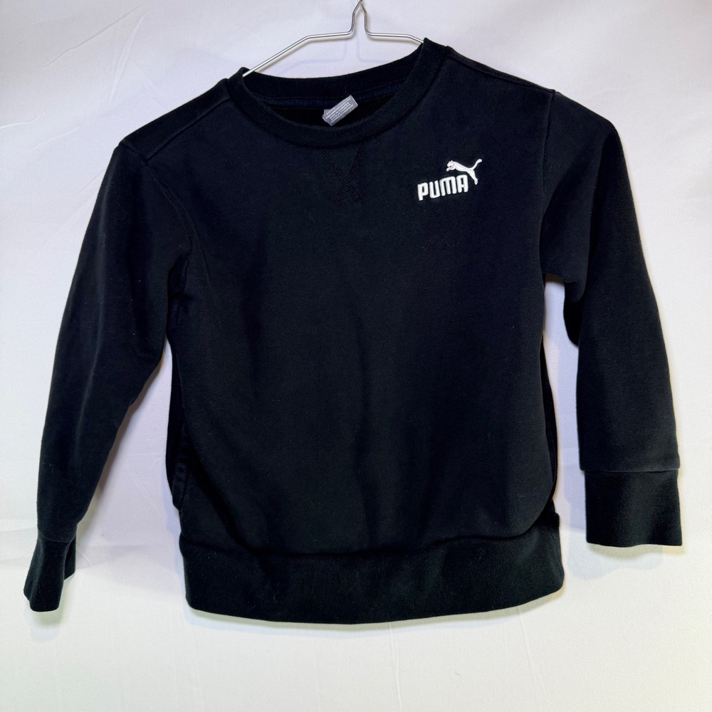 Puma Kids Black Crewneck Sweatshirt Logo Fleece Pullover Size XS 5-6